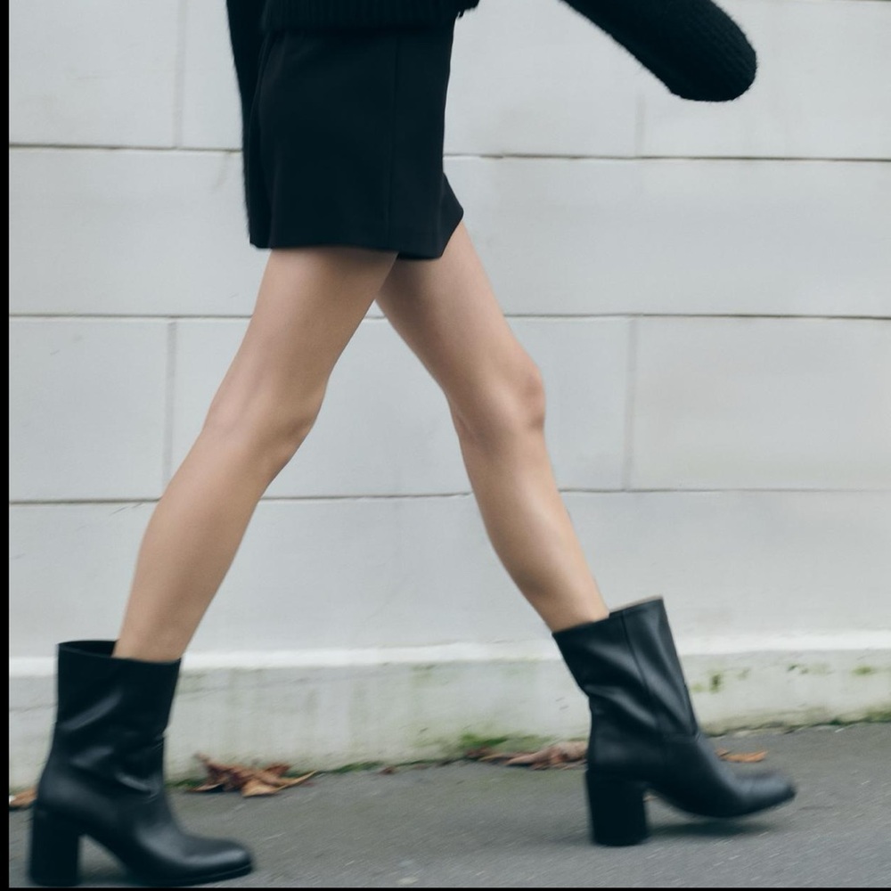 Black Genuine Leather Ankle Boots with Block Heel